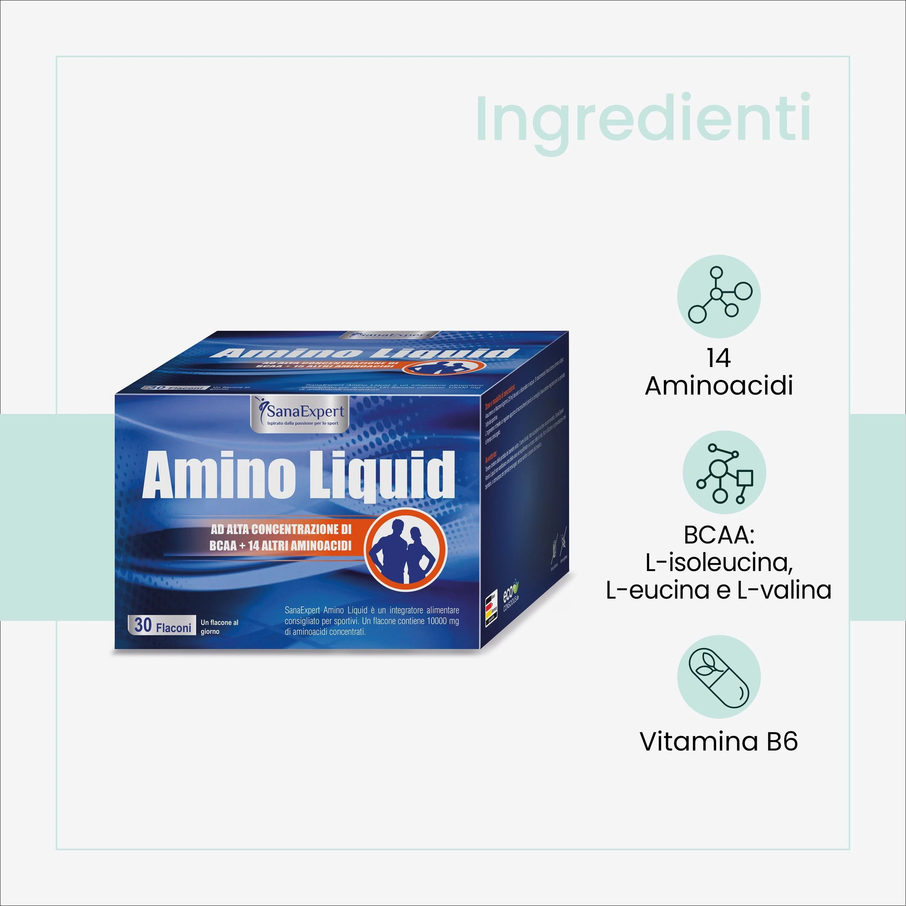 Confezione blu di SanaExpert Amino Liquid. Contiene 30 flaconi. Scritta: Aminoacidi, BCAA e vitamina B6.