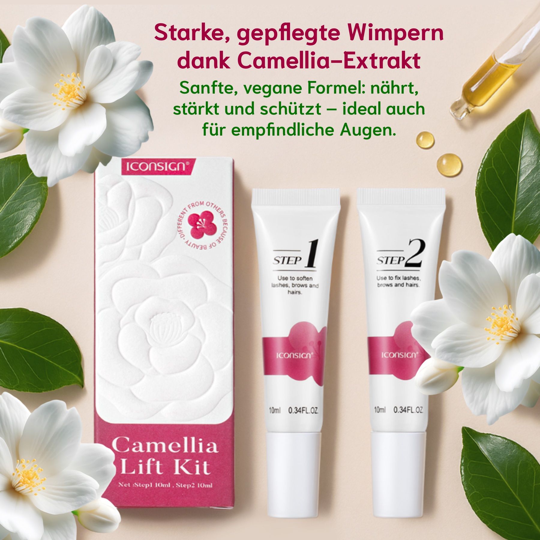 Kit con due creme, confezionato in scatola. Contiene estratto di camelia. Marchio: Iconsign. 10 ml per tubo.