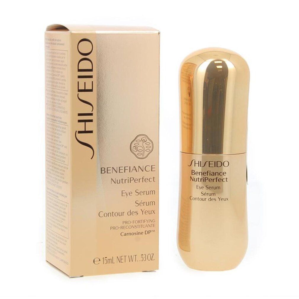 Flacone e scatola di crema per occhi dorata. Scritta: Shiseido Benefiance NutriPerfect Eye Serum. 15ml.