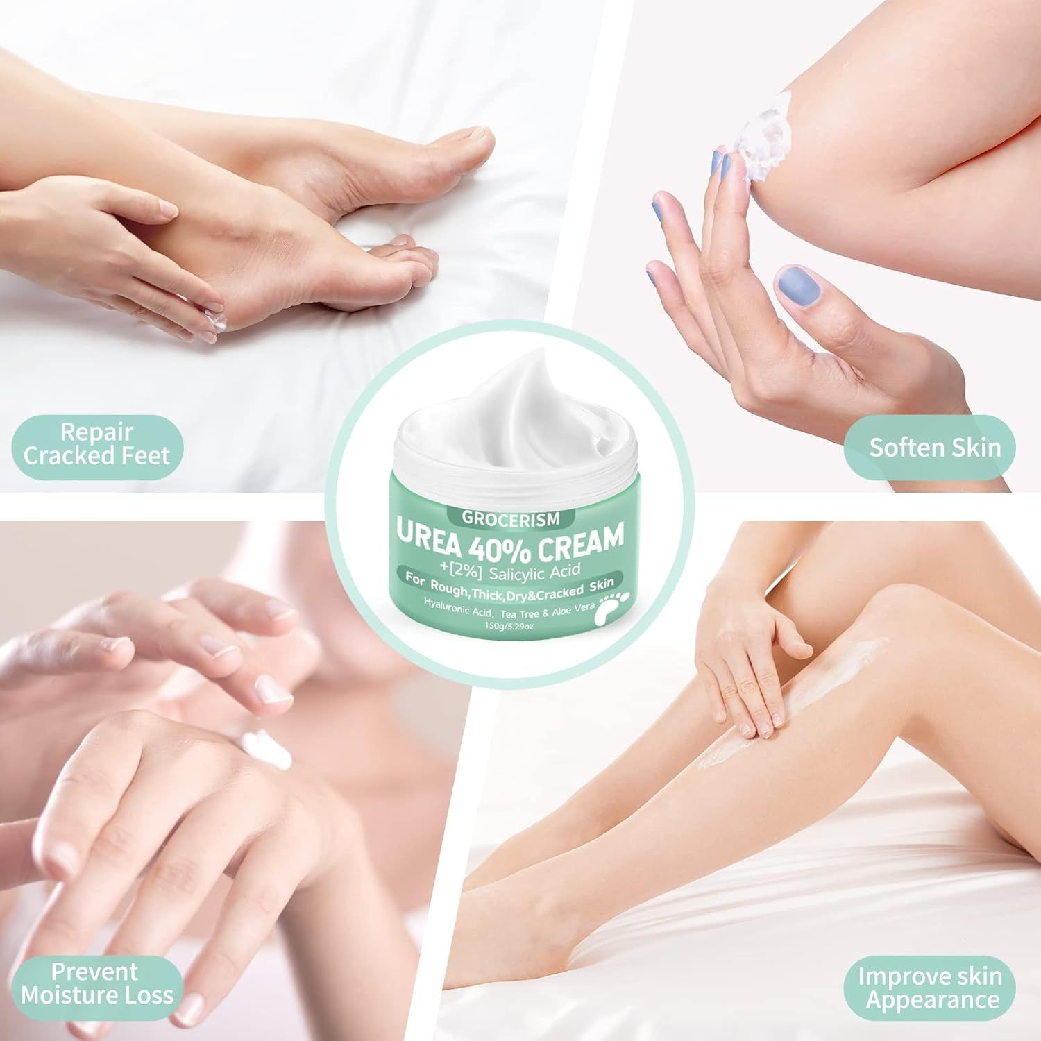 Diverse immagini mostrano l'applicazione della crema. Piedi, mani, braccia. Al centro: vasetto di crema. Didascalia: Prevenire la perdita di idratazione.