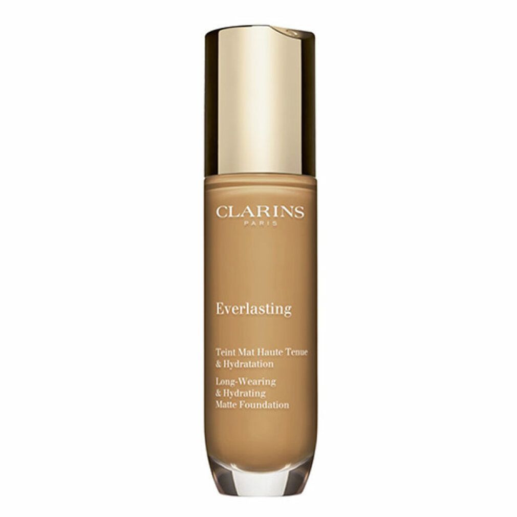 Fondotinta liquido in flacone di vetro con tappo dorato. Scritte: Clarins, Everlasting, Teint Mat Haute Tenue & Hydratation, Long-Wearing & Hydrating Matte Foundation.