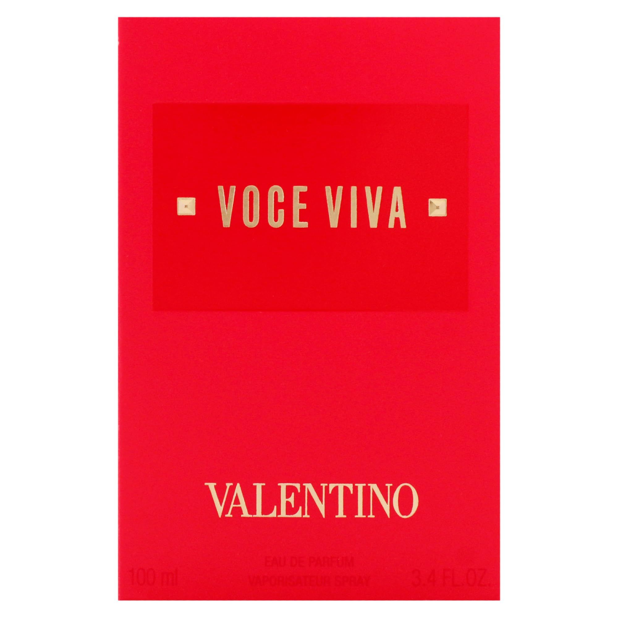 Confezione rossa con scritta "VOICE VIVA" e "VALENTINO". "EAU DE PARFUM" in basso.