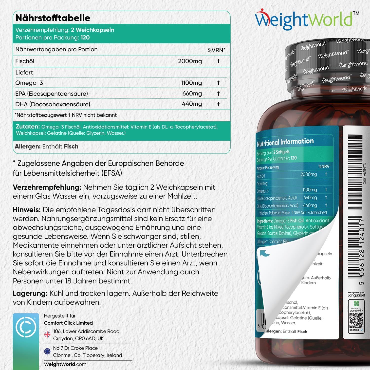 Tabella nutrizionale delle capsule di olio di pesce Omega-3 WeightWorld. Contiene EPA e DHA. 120 capsule.