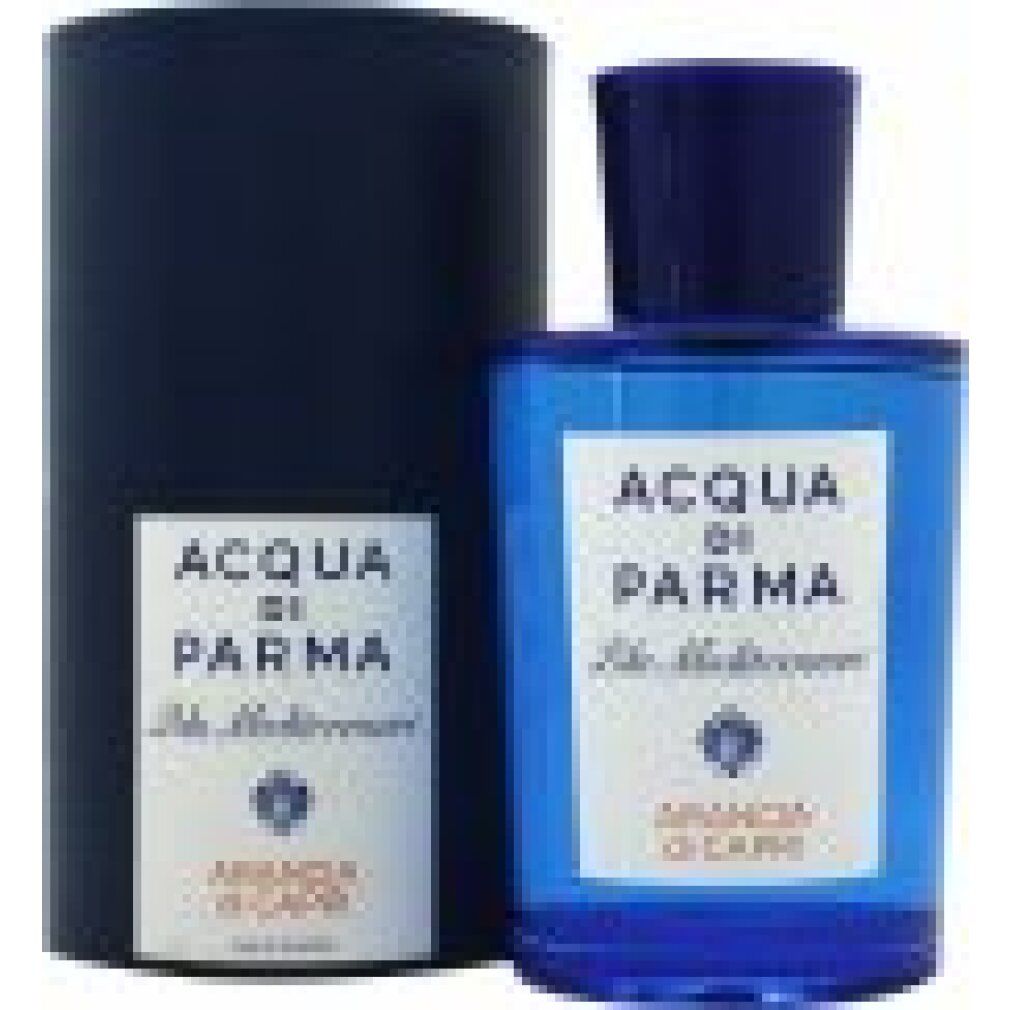 Flacone di profumo blu e confezione cilindrica. Scritta: ACQUA DI PARMA Blu Mediterraneo Arancia di Capri.