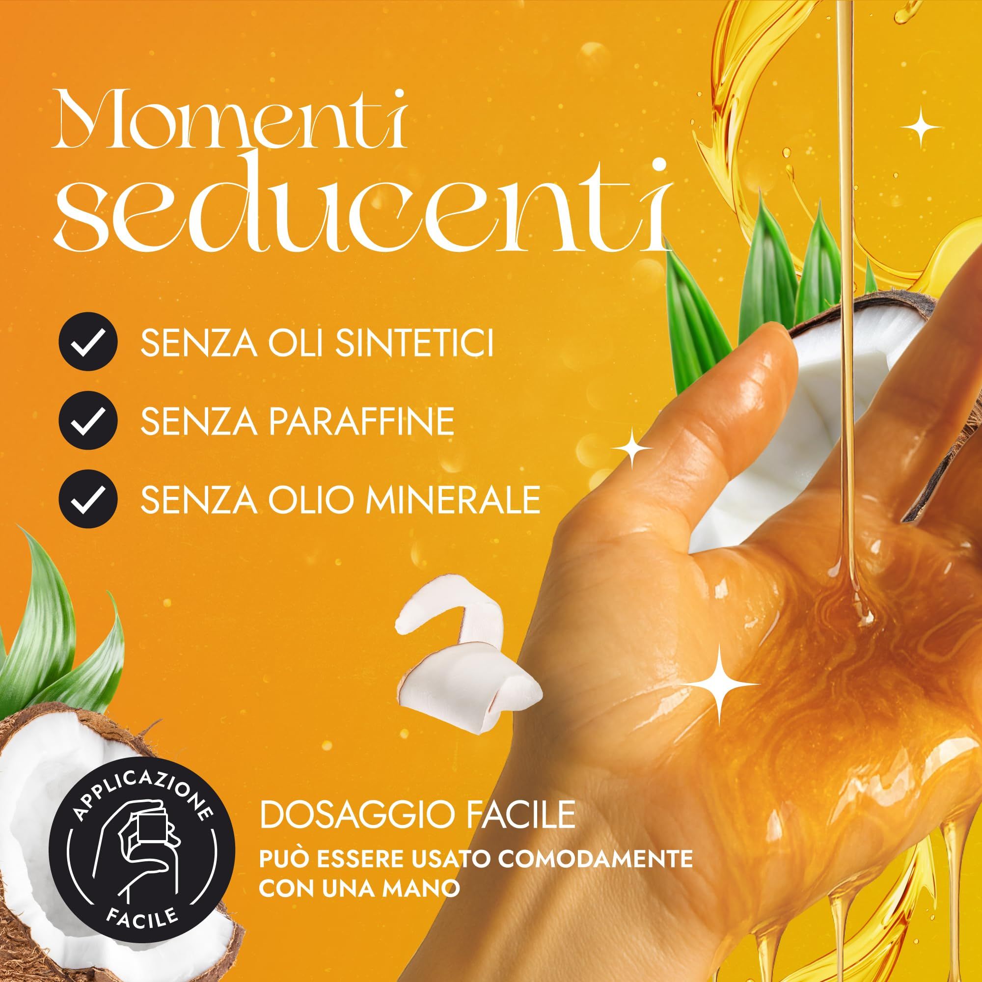 Olio che scorre su una mano, con testo su ingredienti e facile applicazione.