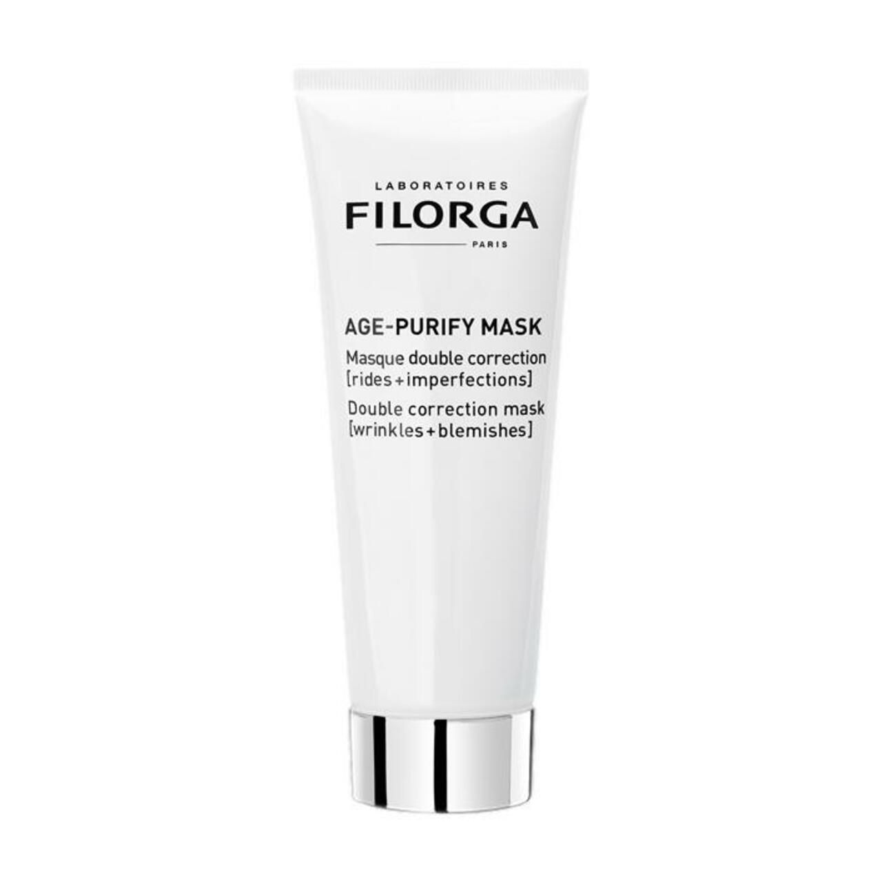 Tubo bianco con base argentata. Scritta: FILORGA, AGE-PURIFY MASK. Maschera doppia correzione per rughe e imperfezioni.