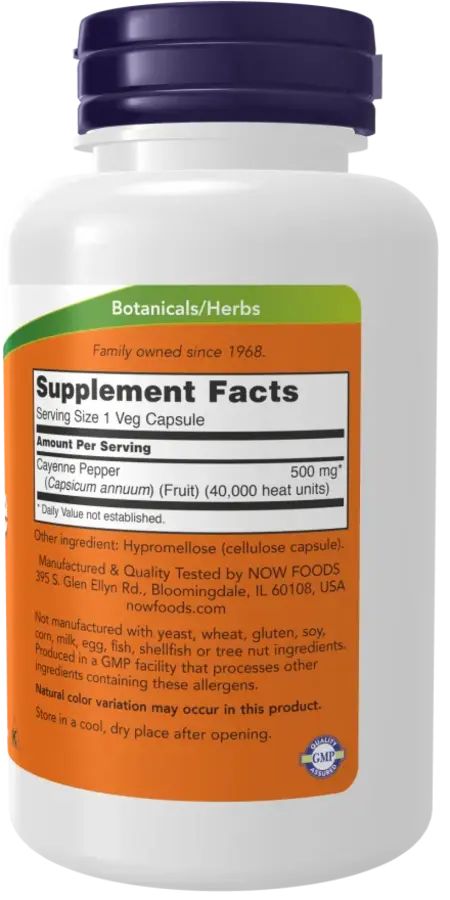Retro del flacone. Etichetta arancione con informazioni nutrizionali e ingredienti. Logo "NOW FOODS" e sigillo GMP.