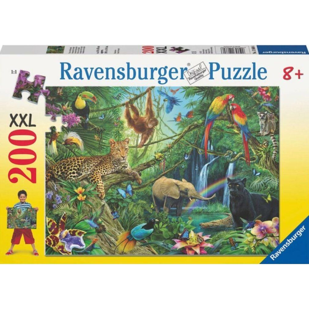 Puzzle con animali della giungla. Scatola "Ravensburger Puzzle", "XXL 200 pezzi". Bambino tiene il puzzle finito.