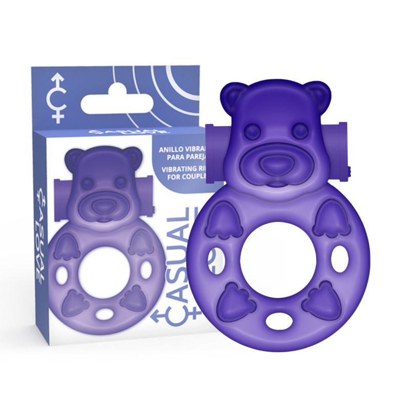 Anello vibrante viola a forma di orso, stimolazione clitoridea. Confezione con immagine e testo del prodotto.