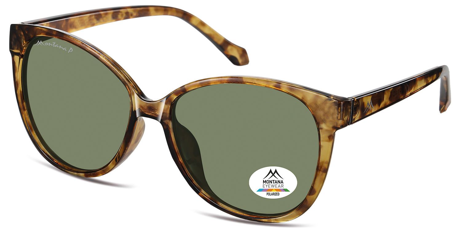 Occhiali da sole con montatura marrone e lenti verdi. Un adesivo su una lente mostra il logo Montana Eyewear e la scritta 'Polarized'.