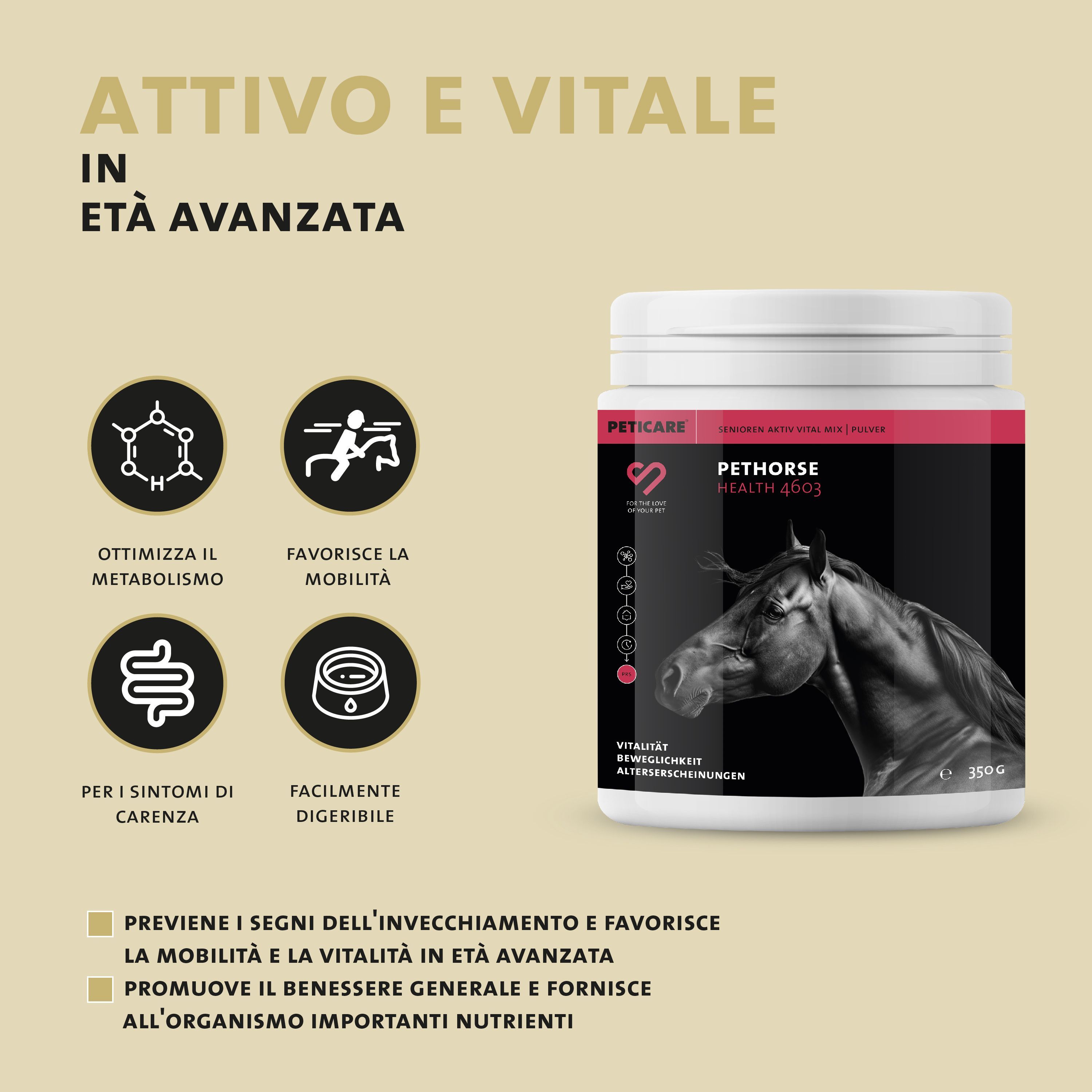 Barattolo Peticare Pethorse Health 4003, icone per metabolismo, mobilità, digestione.