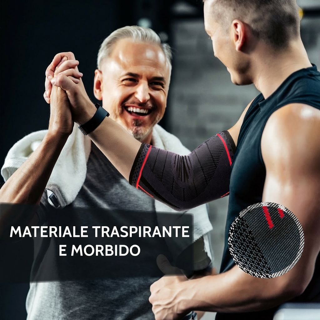 Uomo e donna si danno il cinque. L'uomo indossa un tutore per il gomito. In palestra.