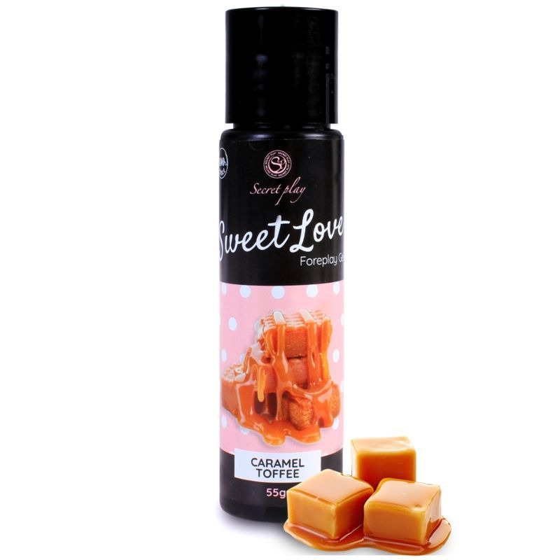 Flacone Sweet Love Foreplay Gel Caramel Toffee, 55g, con pezzi di caramello e toffee.