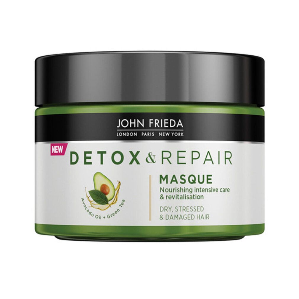 Barattolo John Frieda Detox & Repair Masque. Coperchio nero, corpo verde, etichetta bianca con illustrazione avocado e testo.