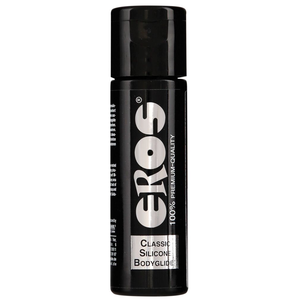 Flacone nero con tappo nero. Scritta: EROS, Classic Silicone Bodyglide, 100% Premium-Quality.