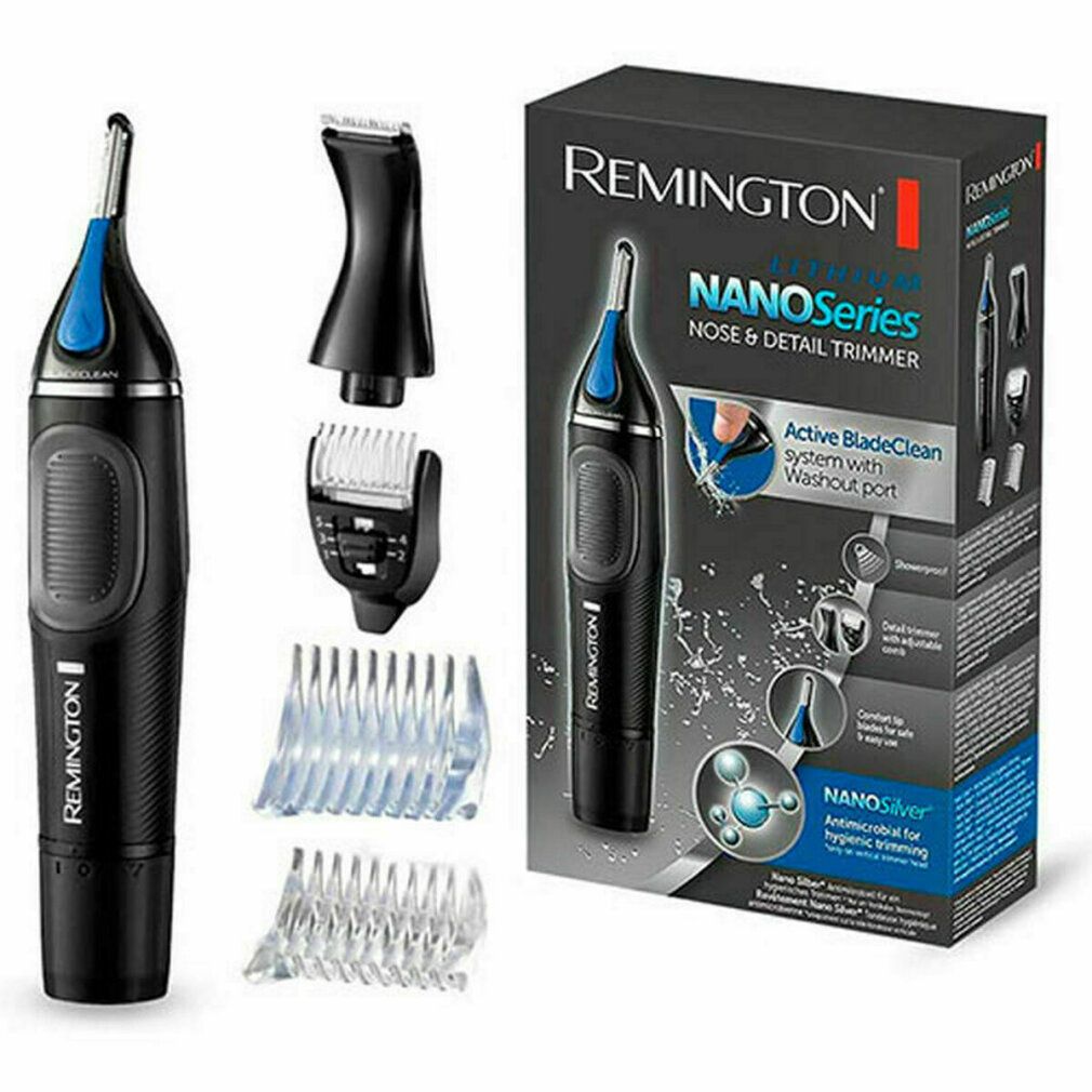 Confezione del prodotto con tagliacapelli per naso e orecchie, accessori e testo. Il prodotto è di Remington, Nano Series.