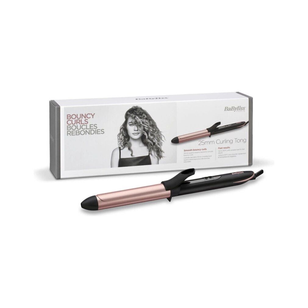 Confezione prodotto con arricciacapelli e immagine di donna con ricci. Testo: BaByliss, 25mm Curling Tong.