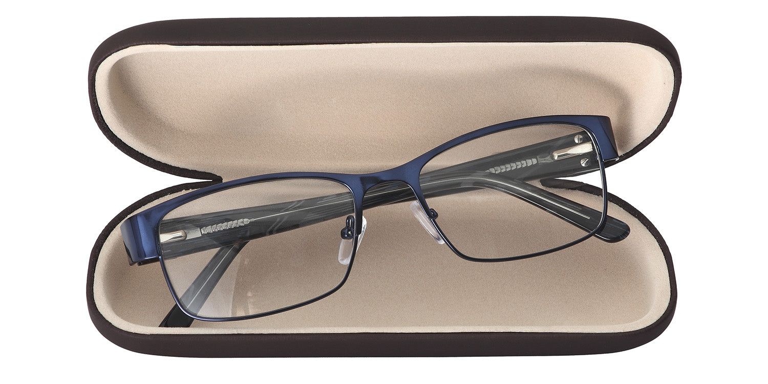 Astuccio rigido aperto. Occhiali con montatura in metallo blu. Interno beige.