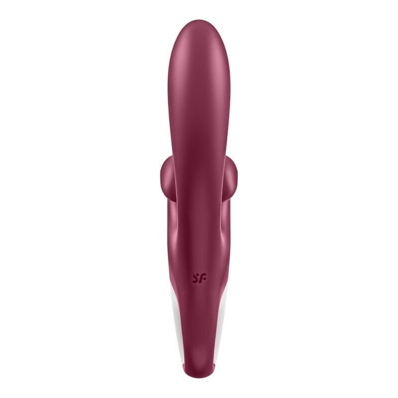 Un vibratore color vinaccia dalla forma curva con un accento bianco sull'impugnatura.