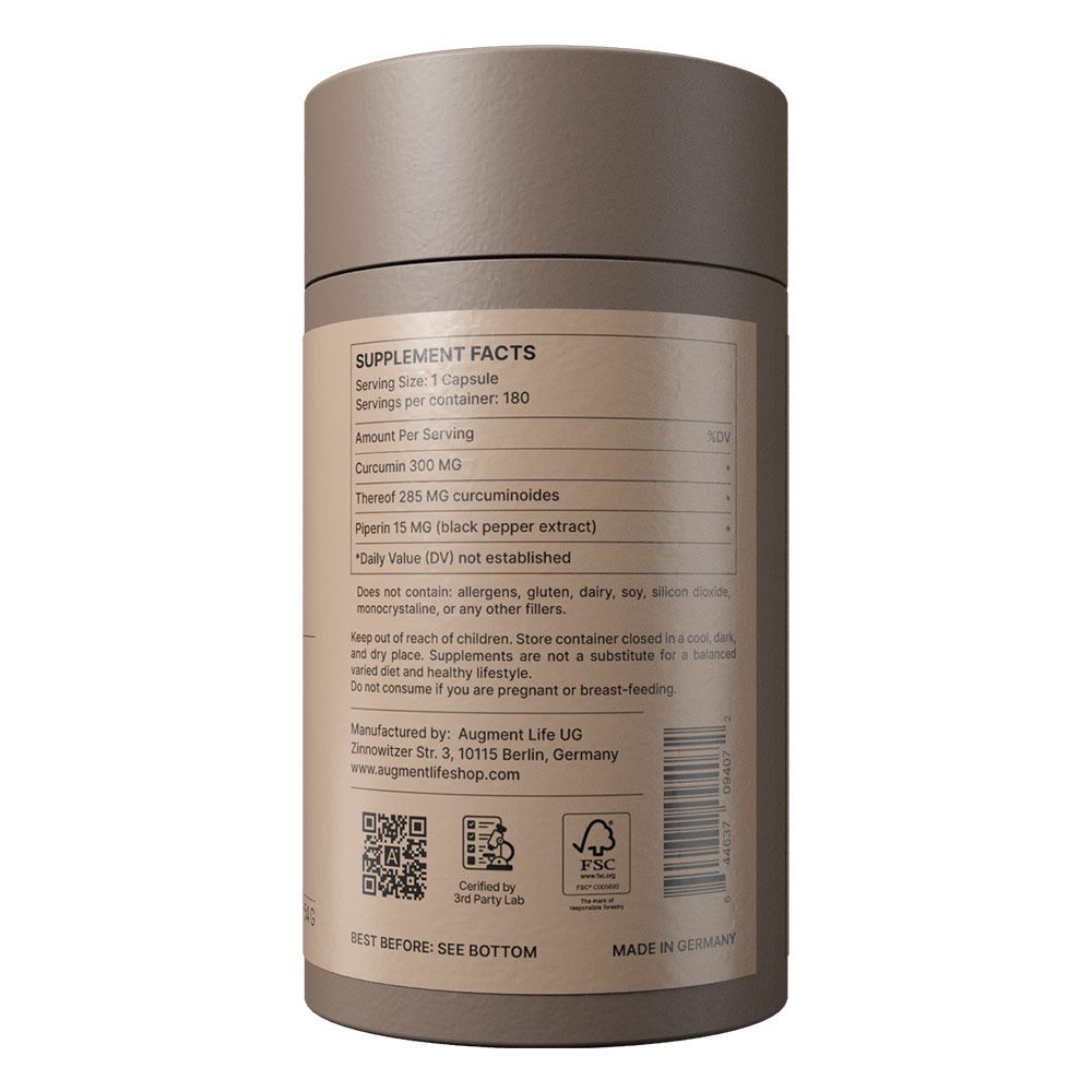 Barattolo marrone con informazioni nutrizionali: 1 capsula, 180 porzioni, 300 mg di curcumina, 285 mg di curcuminoide, 5 mg di piperina. Prodotto in Germania.