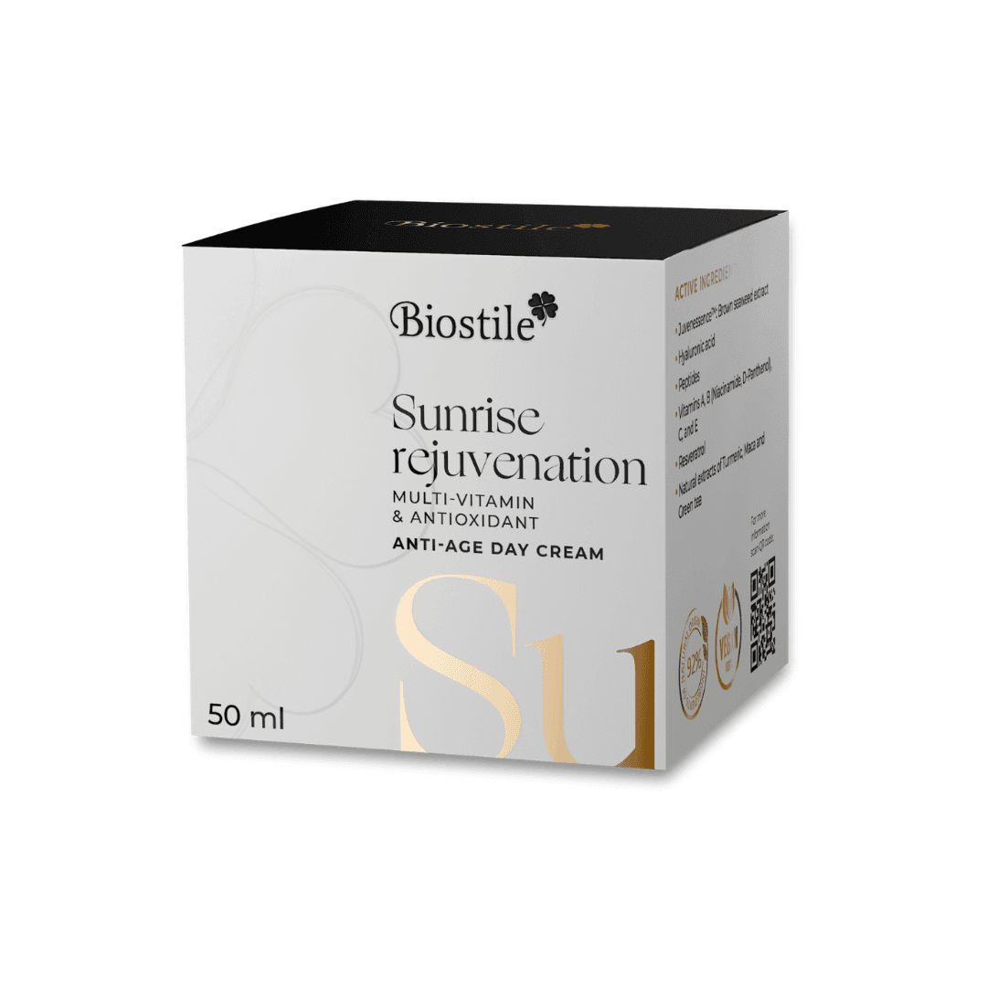 Confezione bianca con scritta: Biostile Sunrise Rejuvenation Anti-Age Day Cream. 50 ml.