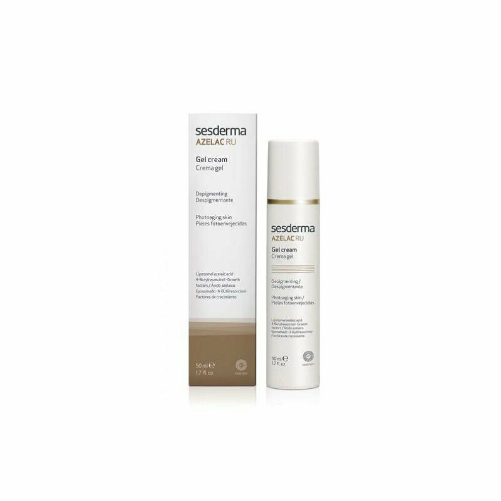 Sesderma Azelac RU Gel Cream. Tubo e scatola bianchi. Testo: Gel Cream, Depigmenting, Photoaging skin. 50 ml.