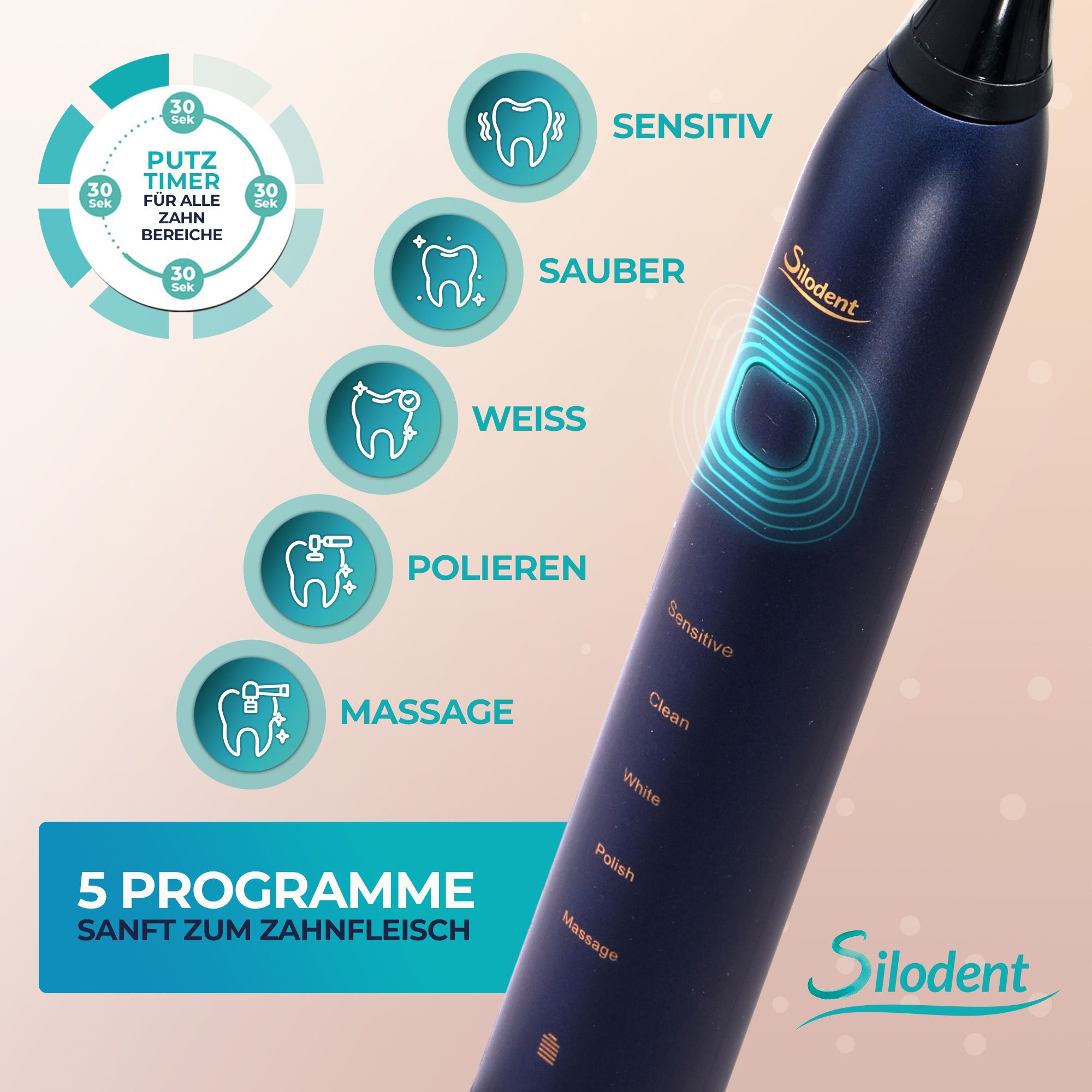 Spazzolino sonico Silodent: 5 programmi (Sensibile, Pulizia, Bianco, Lucidatura, Massaggio) per gengive.
