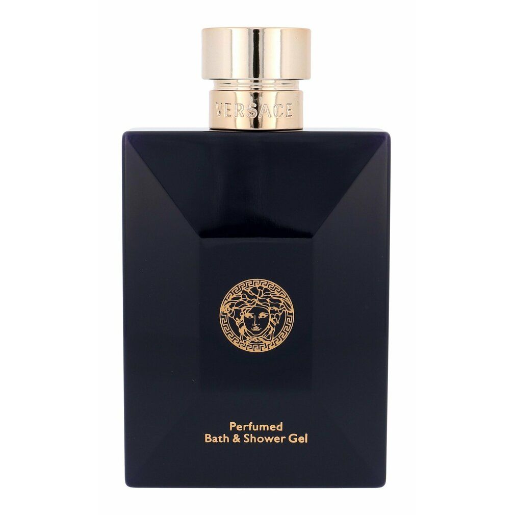 Flacone blu scuro con tappo dorato. Logo Medusa dorato e scritta "Perfumed Bath & Shower Gel".
