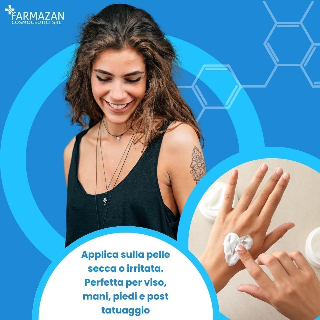 Donna con tatuaggio, applica la crema sulla mano. Prodotto: VASELINA BIANCA. Testo: AZIONE EMOLLIENTE E PROTETTIVA. Logo: FARMAZAN.
