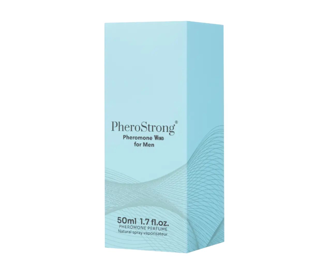 Confezione azzurra PheroStrong Pheromone Wind for Men. Motivo a onde sul davanti. Testo: 50ml 1.7 fl.oz.