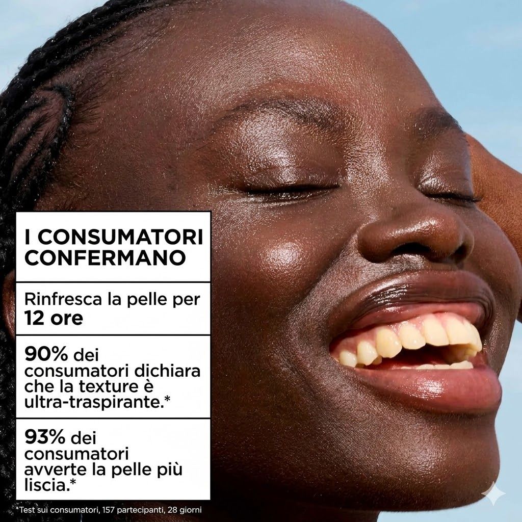Donna con pelle luminosa. Testo: I consumatori confermano. Rinfresca la pelle 12 ore. Il 90% dice ultra-traspirante.