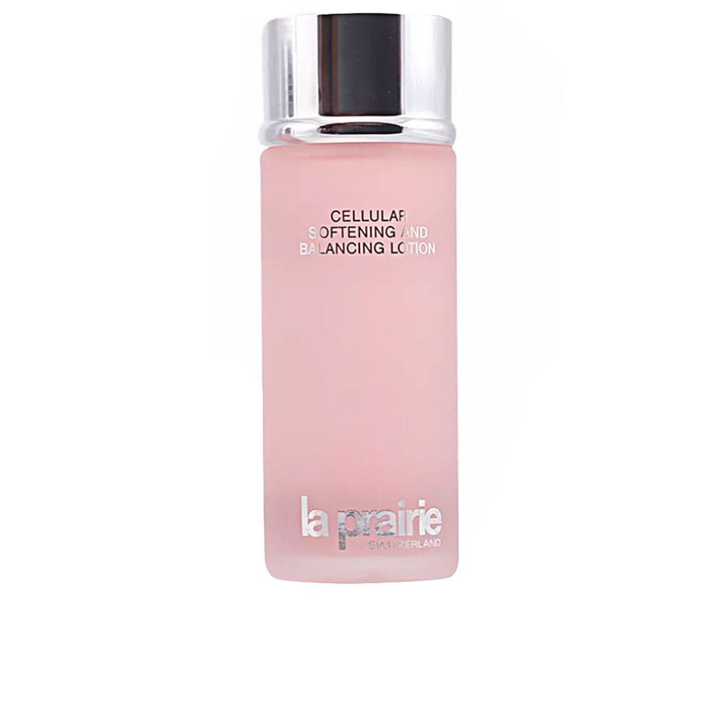 Flacone rosa con tappo argentato. Scritta: CELLULAR SOFTENING AND BALANCING LOTION. Marchio: la prairie.