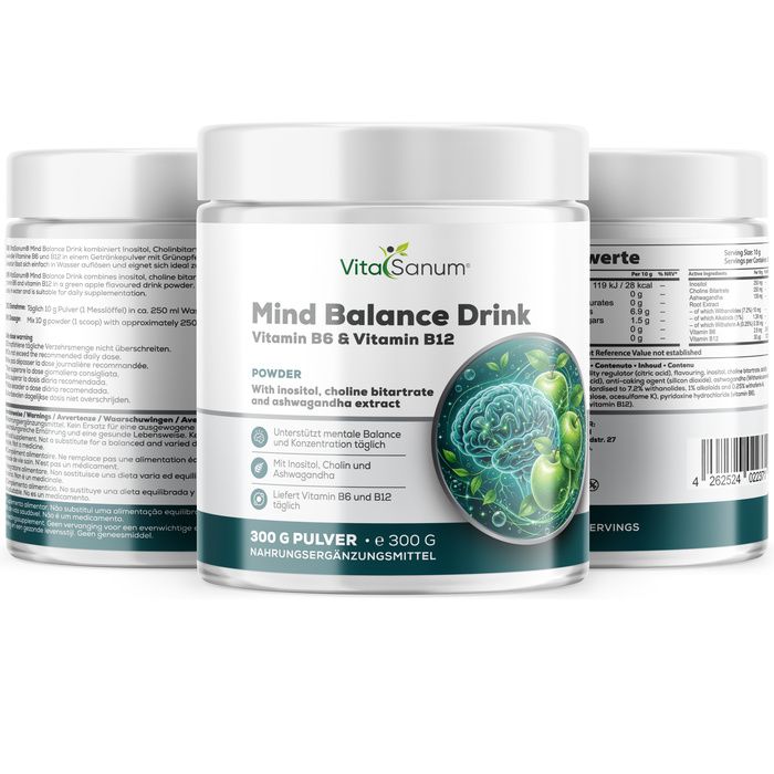Tre contenitori di polvere VitaSanum Mind Balance Drink, fronte con etichetta e illustrazione del cervello.