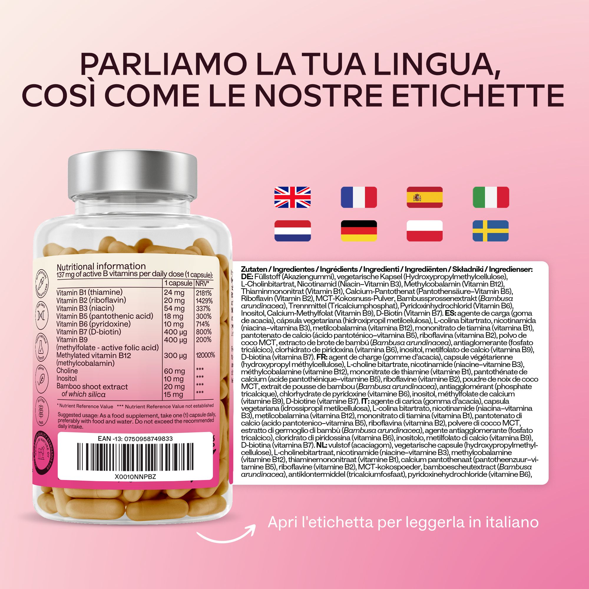 Capsule in un flacone di vetro. Scritta AAVALABS Vitamin B Complex. Sfondo rosa.