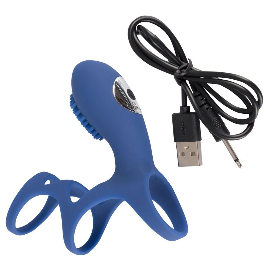 Anello blu con nodi e cavo di ricarica USB. Per uso intimo.