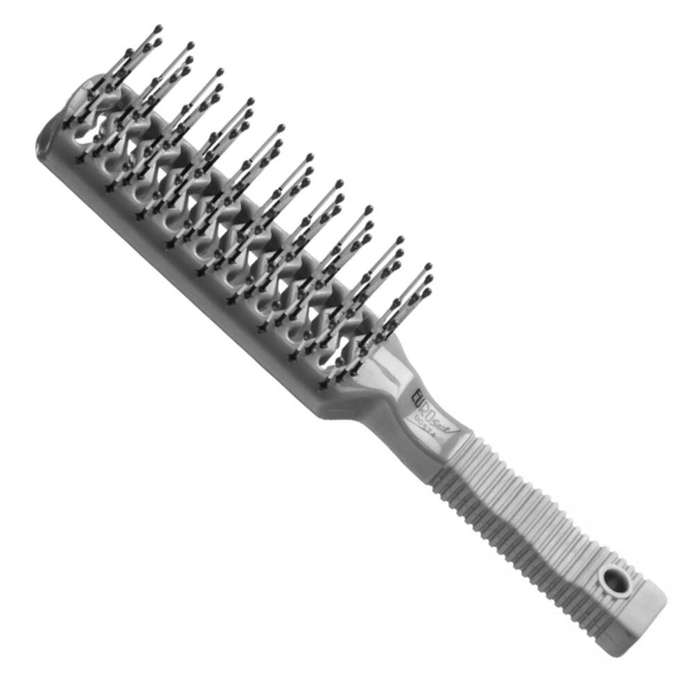Spazzola per capelli grigia con setole nere. Manico scanalato. Design a tunnel.