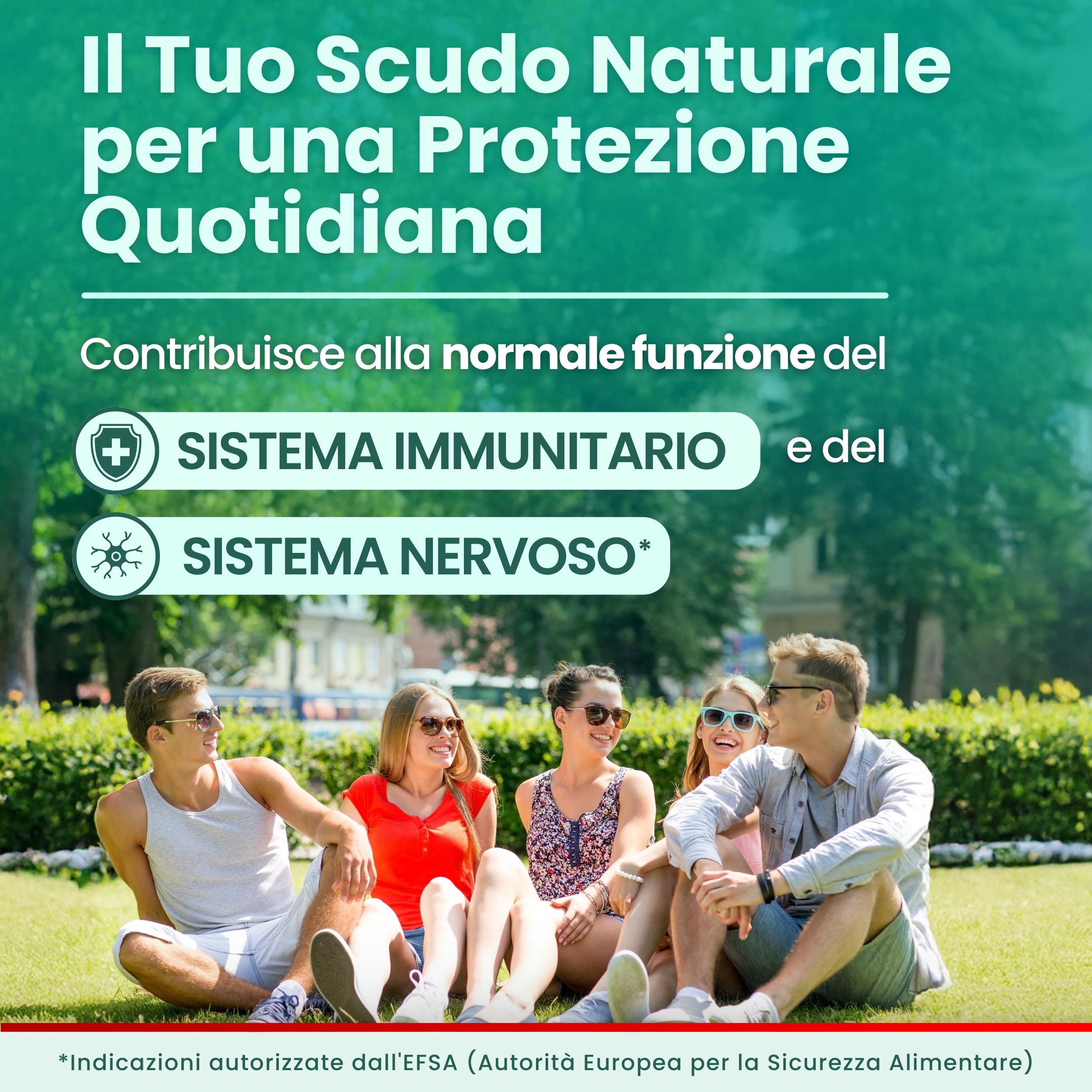 Gruppo di amici al parco. Testo: Protezione naturale per la vita quotidiana. Supporta sistema immunitario e nervoso.