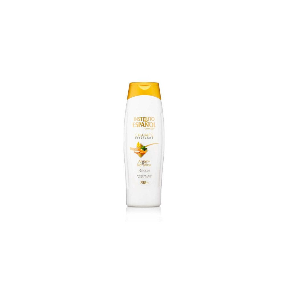 Flacone di shampoo bianco con tappo giallo. Scritta: Instituto Español, Champú Reparador, Argan + Keratina, 750ml.