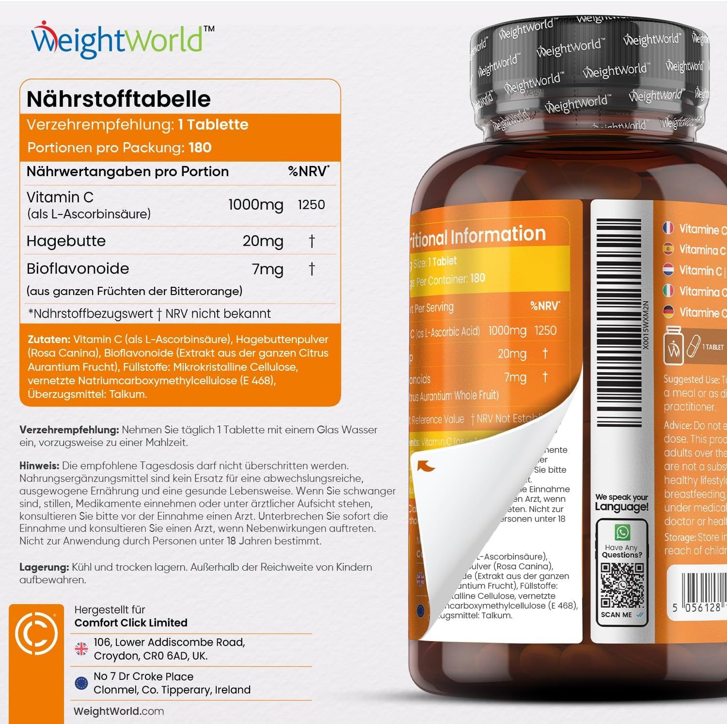 Tabella nutrizionale e informazioni sulla vitamina C WeightWorld. Contiene vitamina C, rosa canina e bioflavonoidi. Flacone marrone.
