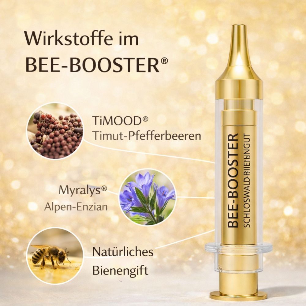 Siringa dorata con testo BEE-BOOSTER® e Schloßwald-Bienengut®. Illustrazioni di ingredienti: bacche, genziana, ape.
