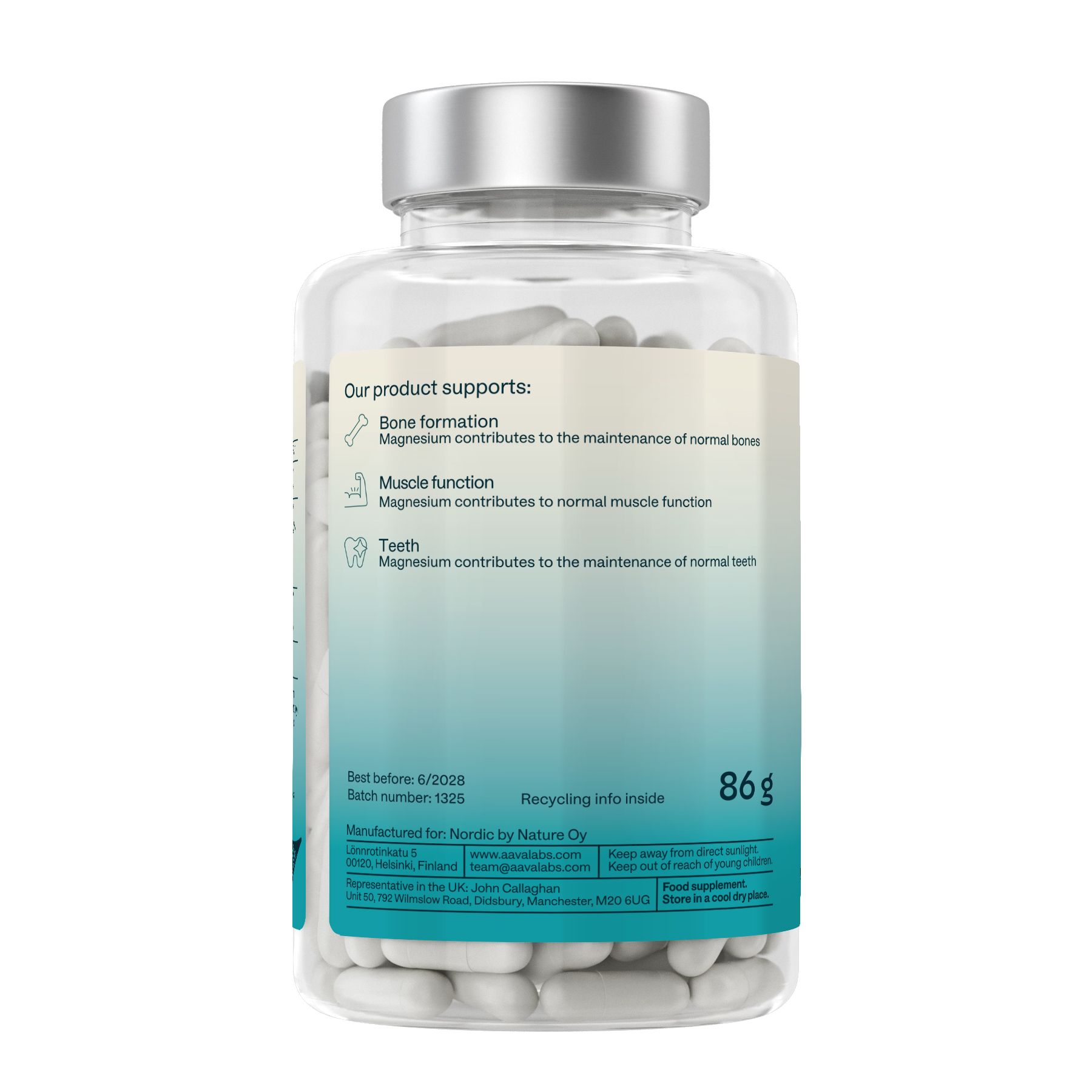 Retro della bottiglia Aavalabs Marine Collagen. Contiene informazioni sulla funzione ossea, muscolare e dentale. 86g.