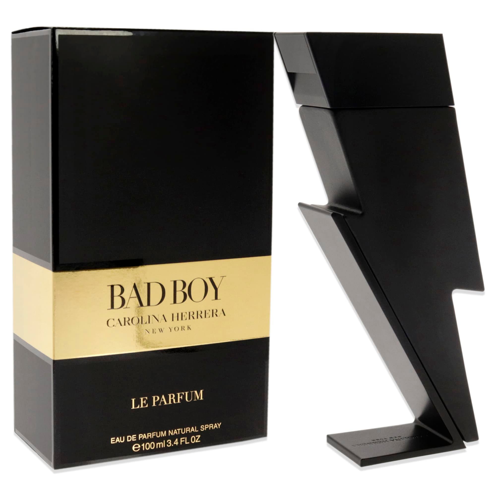 Flacone nero a forma di fulmine e confezione nera. Scritta: BAD BOY CAROLINA HERRERA LE PARFUM.