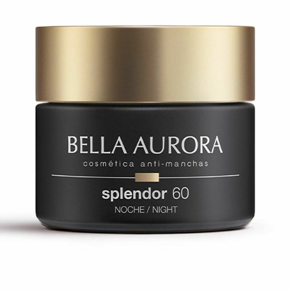 Vaso di crema scuro con coperchio dorato. Scritta: Bella Aurora, splendor 60, Noche/Night.