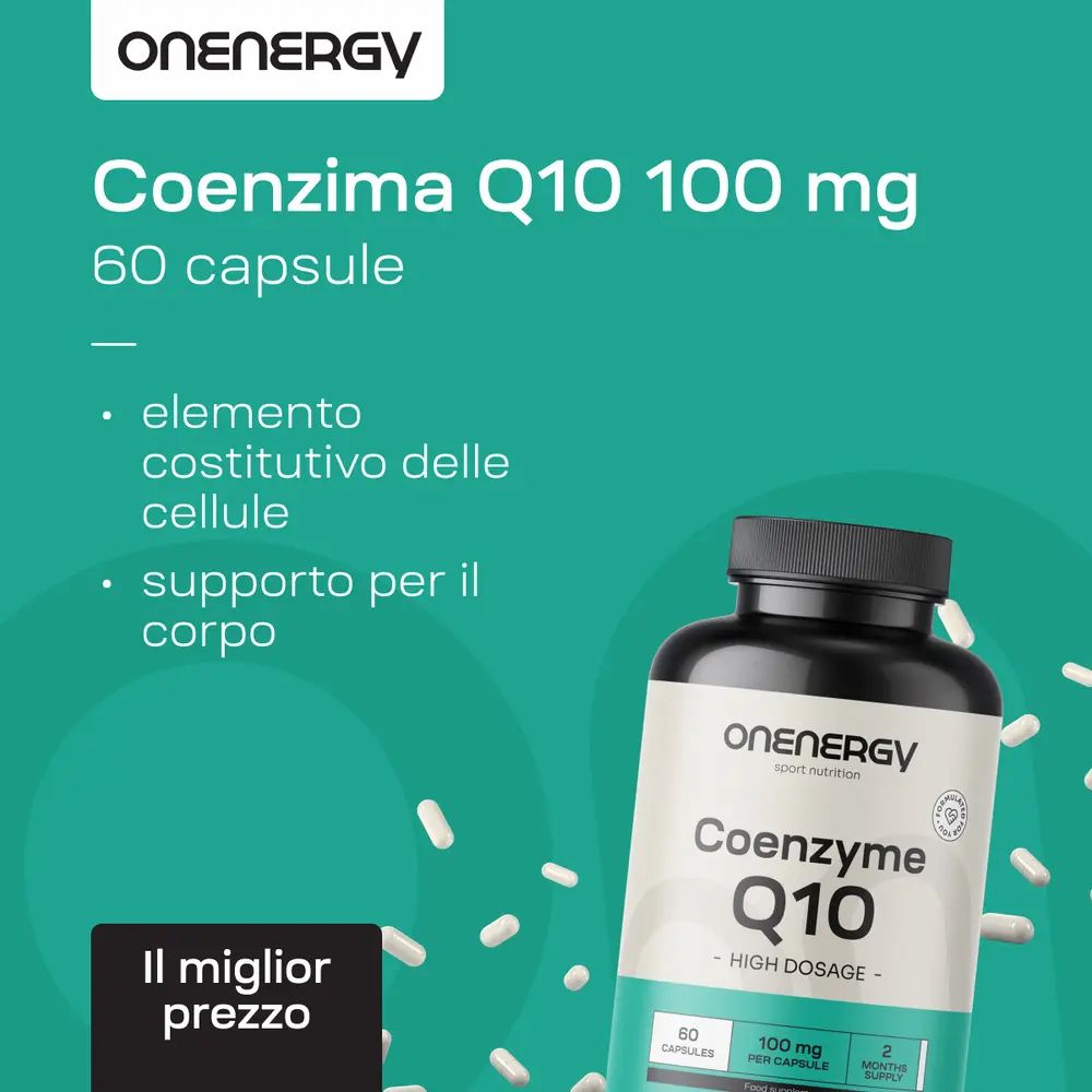 Flacone di capsule. Scritta: OnEnergy, Coenzima Q10, 100 mg. 60 capsule. Testo: Elemento delle cellule.