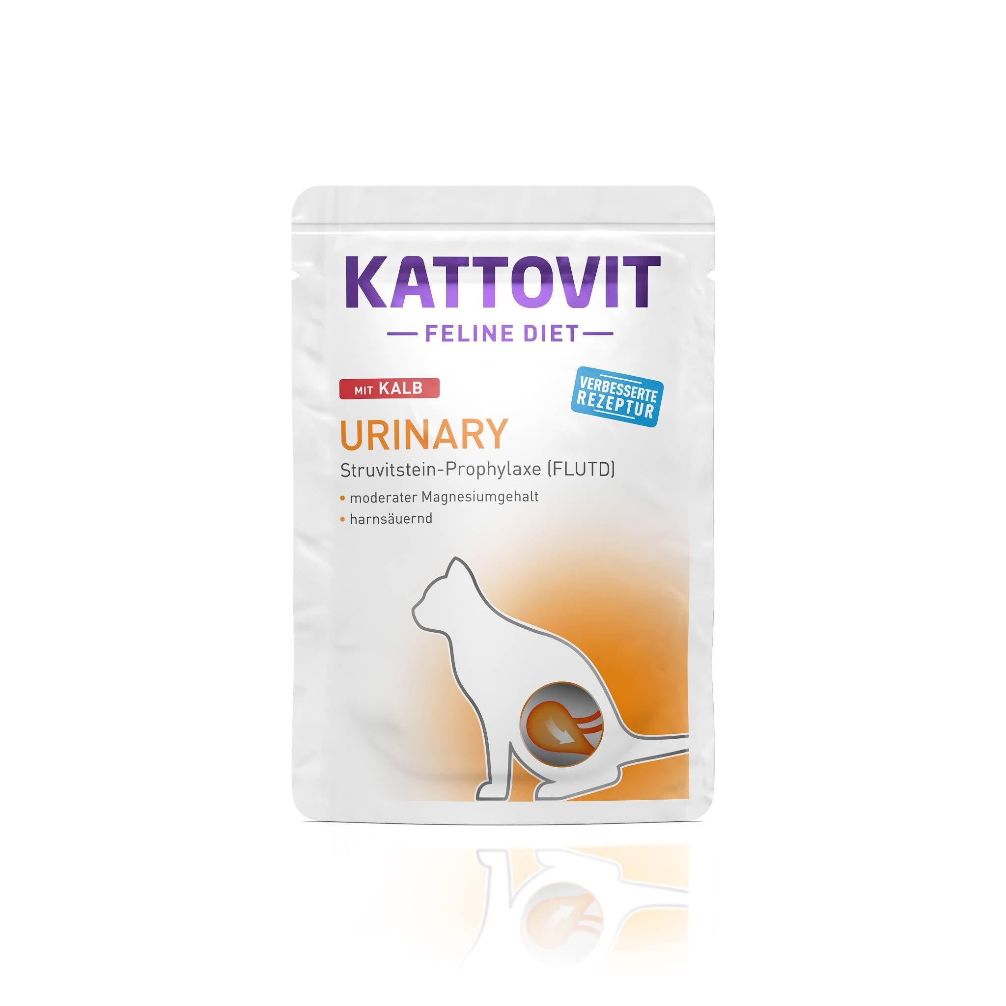 Busta KATTOVIT Urinary Kalb. Scritta: Feline Diet, Urinary, profilassi calcoli di struvite, moderato contenuto di magnesio, a basso contenuto di acido urico. Silhouette di gatto.