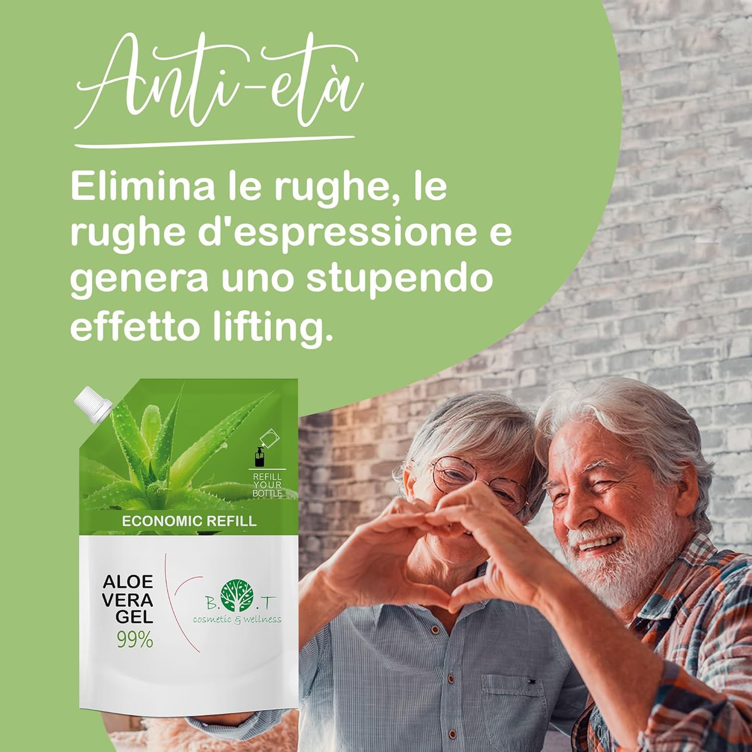 Bustina di ricarica Gel Aloe Vera 99%. Mostra foglie di aloe e testo 'Economic Refill'.
