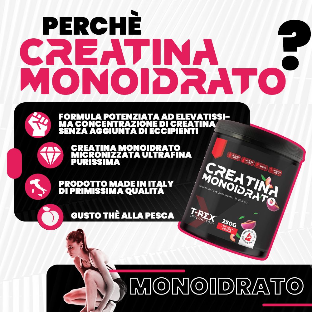 Immagine pubblicitaria con barattolo 'Creatina Monoidrato' e donna che si allena. Contiene informazioni sugli ingredienti e l'origine.