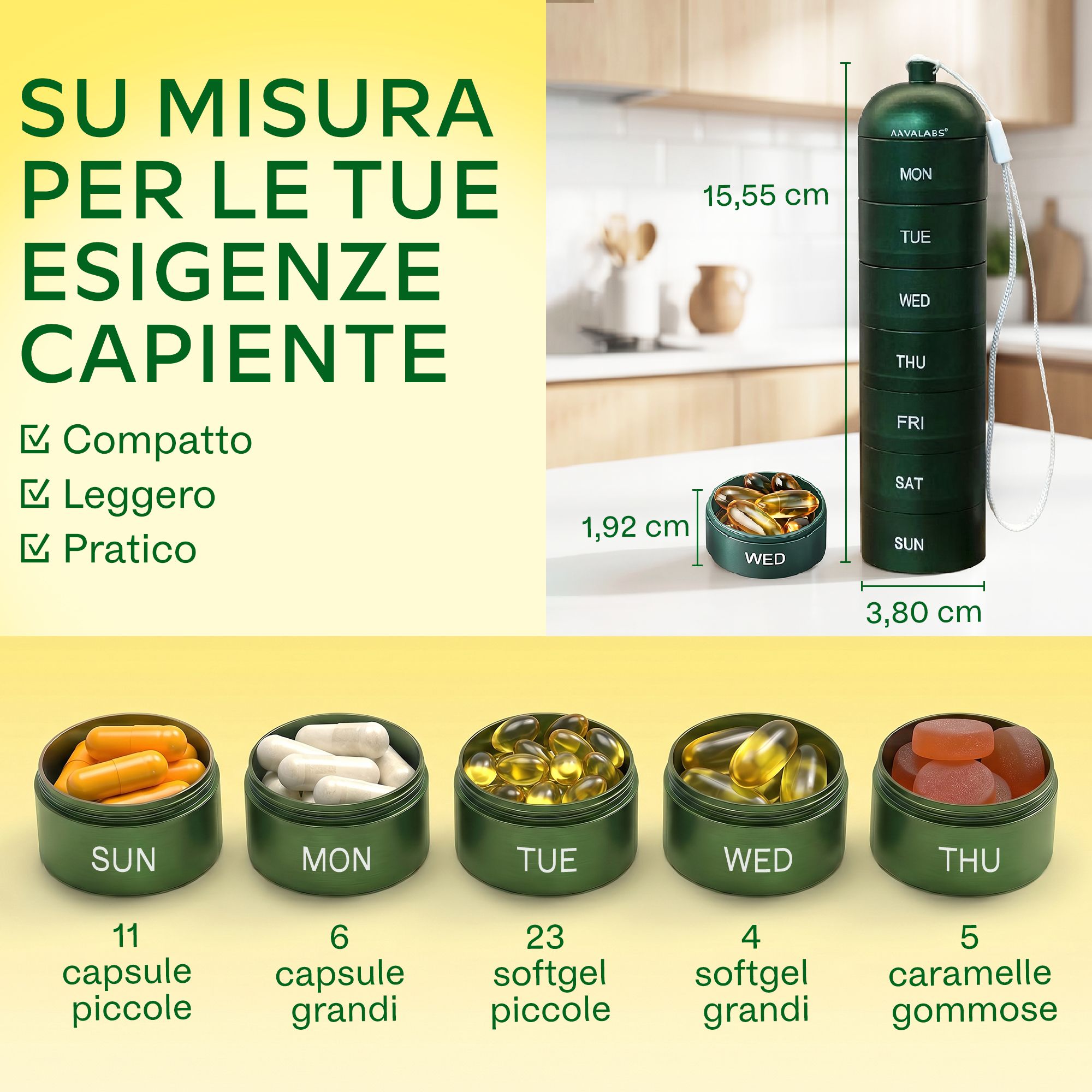 Portapillole verde a 7 scomparti, dimensioni e diversi tipi di pillole in scomparti aperti.