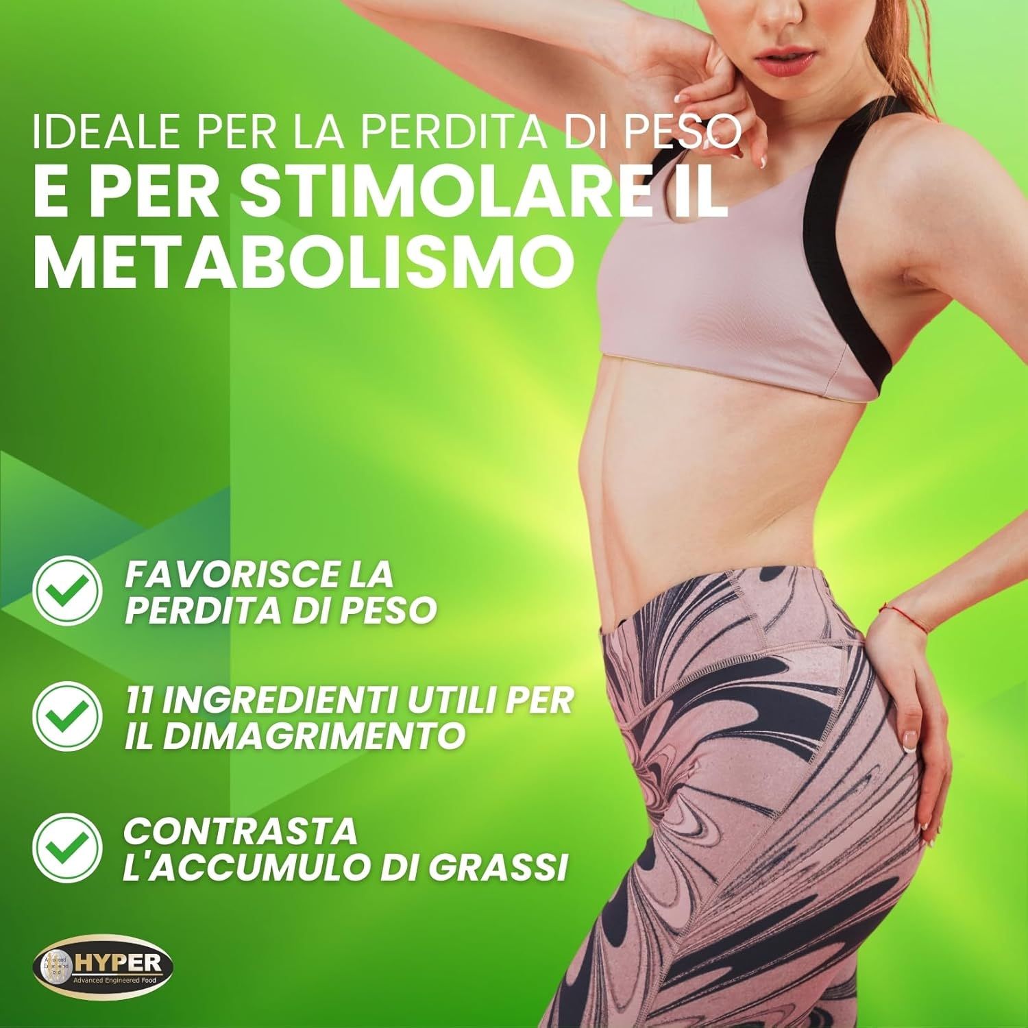 Donna in abbigliamento sportivo. Testo: IDEAL FÜR DIE PERDITA DI PESO E PER STIMOLARE IL METABOLISMO.