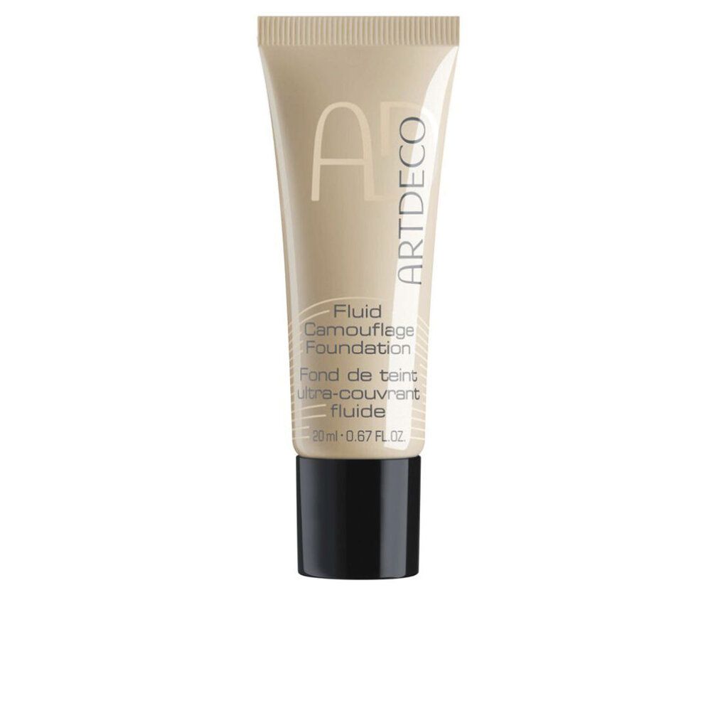 Artdeco Fluid Camouflage Foundation. Tubo beige con tappo nero. Nome del prodotto e logo visibili.